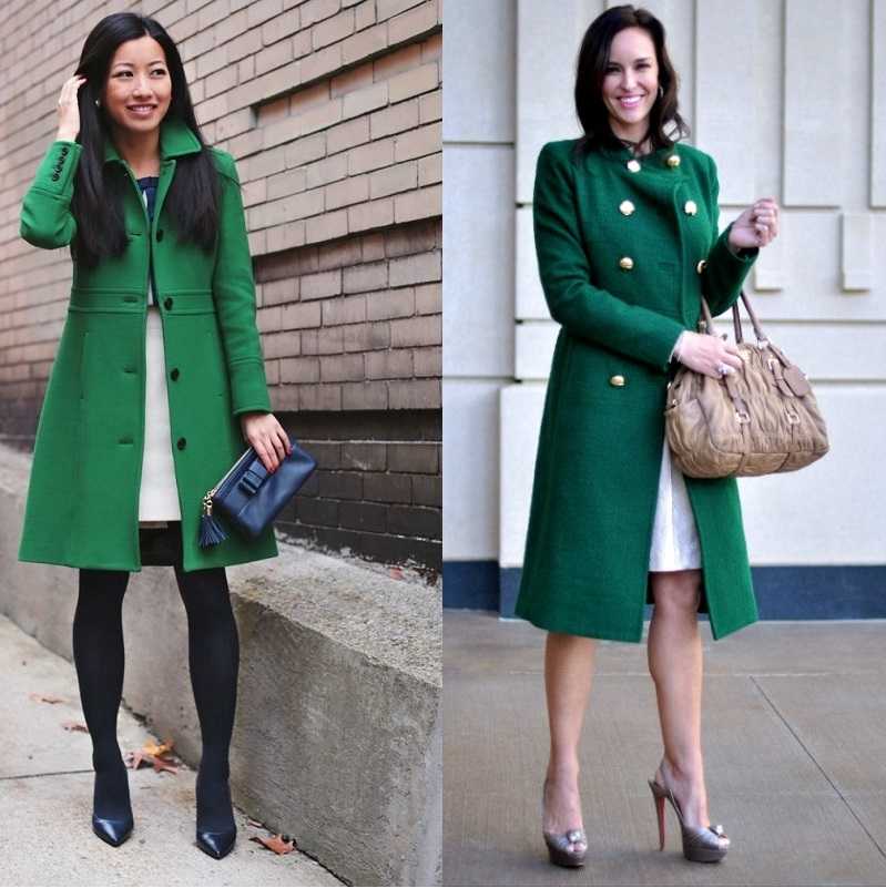 С чем носить зеленое пальто темных и ярких оттенков, фото