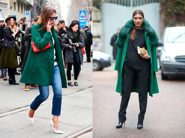 С чем носить зеленое пальто, как подобрать шарф, шапку, обувь, сочетать с джинсами, брюками, юбкой, платьем Лучшие фотообразы