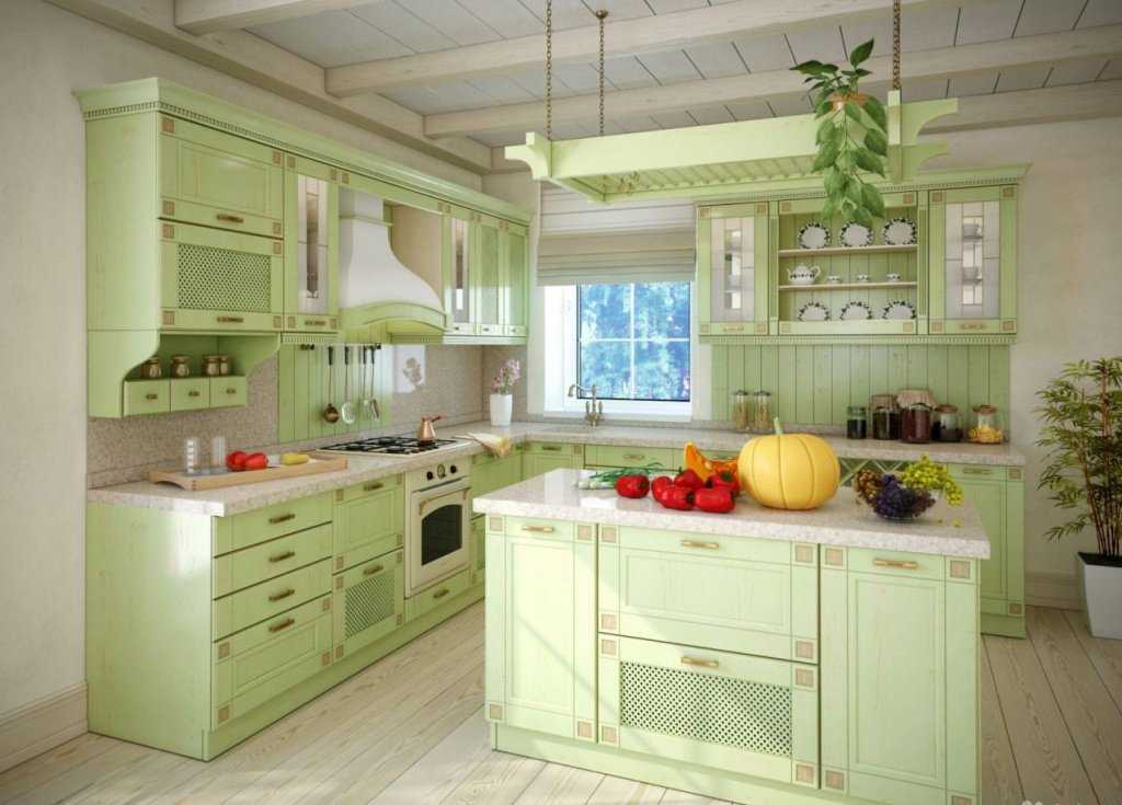 Фисташковый цвет в интерьере: сочетание с другими цветами, стены на кухне в стиле прованс, спальня и гостиная
 - 33 фото